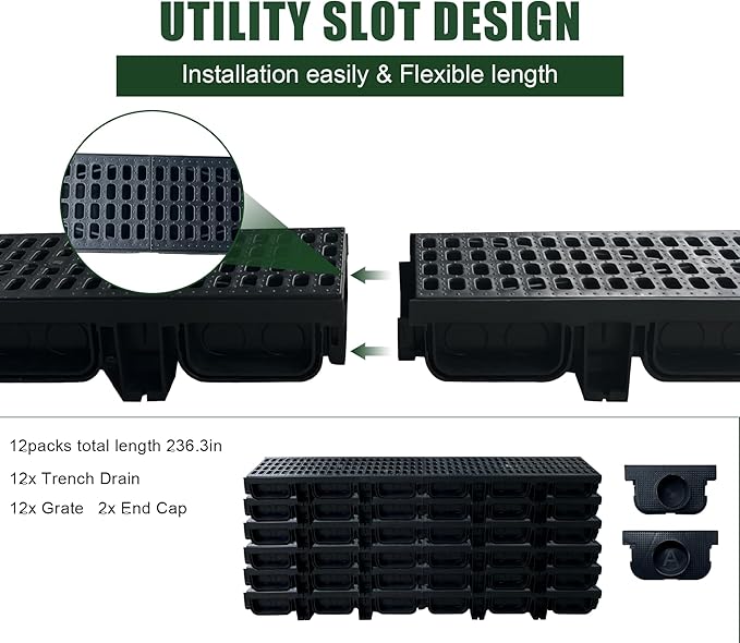 HDPE Channel Drain with Grates-19.7x5.5x3.7 in. Trench Drain System, 12 Pack Total Length 236.3 in, Yard Drainage System with 2 Outlet Adapters for Outdoor,Yard Fence,Sidewalk,Patio