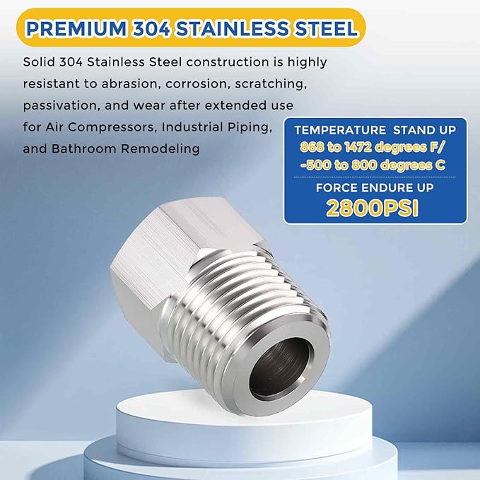 2 Pack 304 Stainless Steel Pipe Fittings, 3/8" MNPT to 1/4" FNPT Hex Bushing Reducer, Hose Tube Threaded Adapters for Air, Oil, LP, Gas