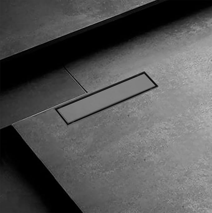 12 inch Linear Shower Drain with Removable Square Hole Panel by Using 304 Stainless Steel Process, Linear Drain Equipped with Adjustable Feet and Hair Strainer（Matte Black Color）