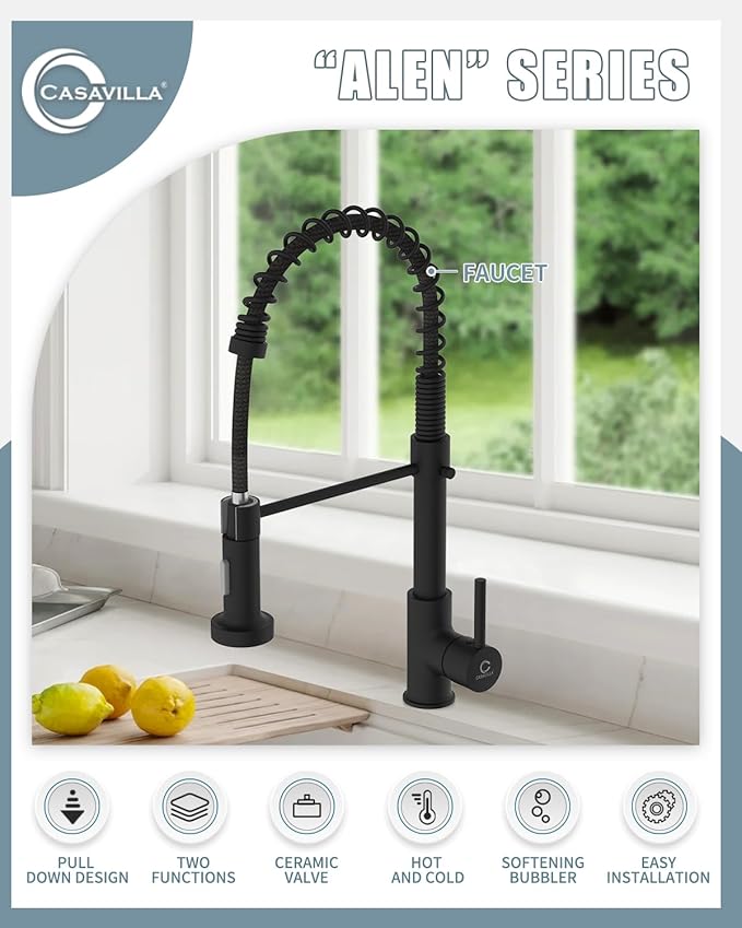 Kitchen Faucet, Black Kitchen Sink Faucets with Pull Down Sprayer, Single Handle Stainless Steel Faucets for Kitchen Sinks, Dual Function Spray Head, Farmhouse Kitchen Faucets