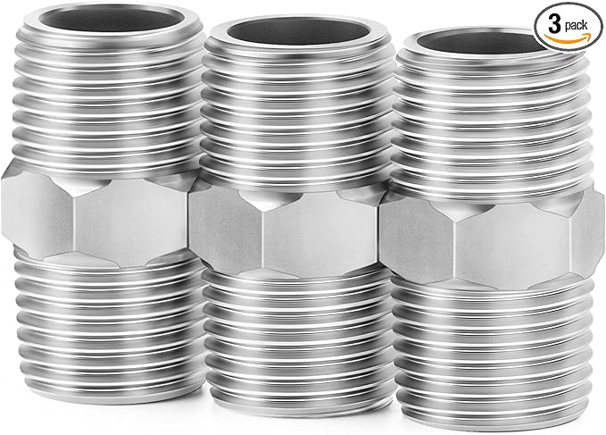 ChillWaves 304 Stainless Steel Pipe Fitting, Hex Nipple 1/2" NPT Male x 1/2" NPT Male Thread Adapter(3-PACK)