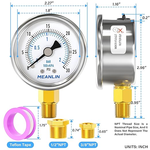 MEANLIN MEASURE 0~30Psi Dry Low Pressure Gauge Stainless Steel 1/4" NPT 2" FACE DIAL Waterproof for Pool Sand Filter Water Oil Air Pressure Test Lower Mount, with 1/2" NPT and 3/8" NPT Hex Bushing