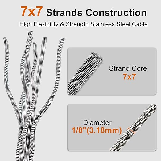 1/8" wire cable, 100ft Wire Rope Metal Cable With Loop Sleeve And Steel Thimble, Outdoor hanging kit, garden fence (SR03-1)