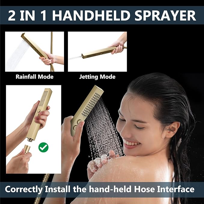 Aolemi Shower Faucet Set Ceiling Mount Shower System Rough-in Valve and Shower Trim Kit 12 and 6 Inch Dual Shower Head 2 in 1 Handheld Spray Push Button Diverter Brushed Gold