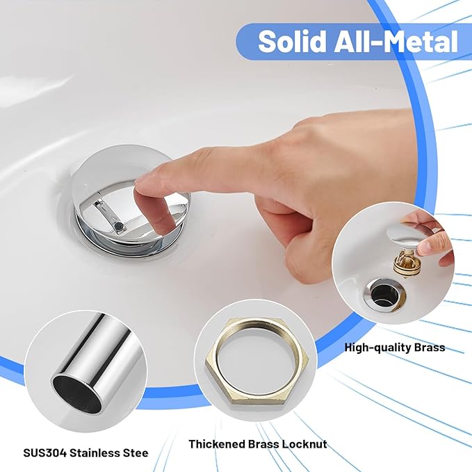 BWE Chrome One-Piece Bathroom Sink Drain Stopper Without Overflow Vessel Vanity Faucet Bathroom SinkPop-Up Drain Assembly with Strainer for Bathroom