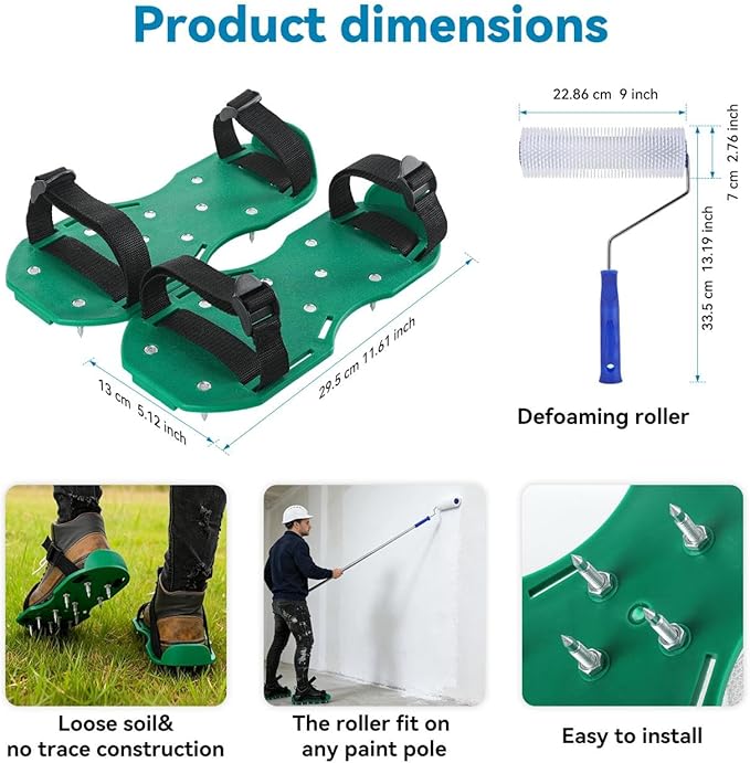 Premium 9 Inch Self Levelling Screed Spiked Paint Roller Kit with Handle + 1 Pair of Spiked Shoes for Garage Floor Epoxy Cement Shoes, Concrete Tools, Essential Tiling Finishing decking Compound rake