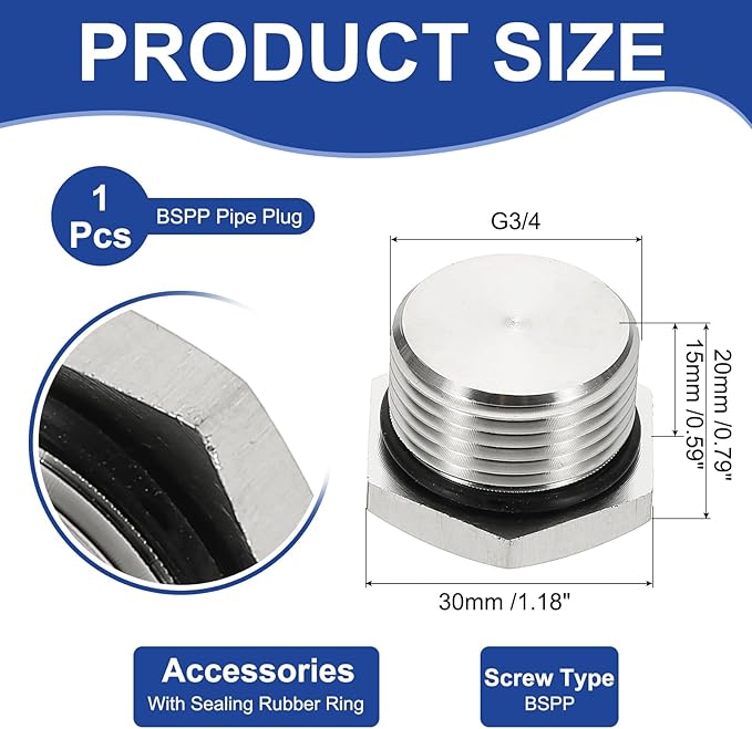 MECCANIXITY BSPP Pipe Plug Fitting, 304 Stainless Steel G3/4 Male Outer Hex Thread for Plumbing Fixed with Sealing Rubber Ring