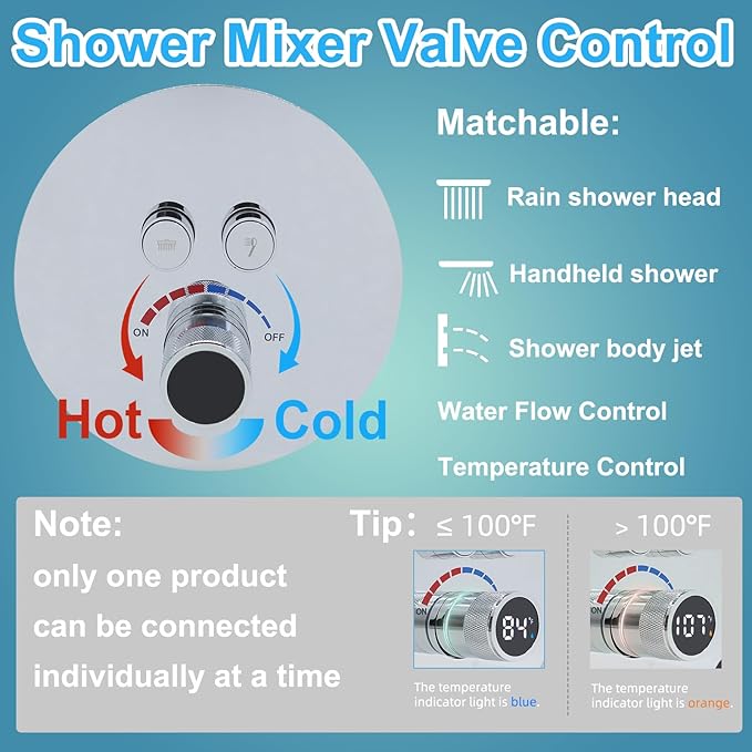 Round Digital Display Shower Valve 2 Way Shower Mixing Valve Concealed Installation Can Use All the Time Polished Chrome