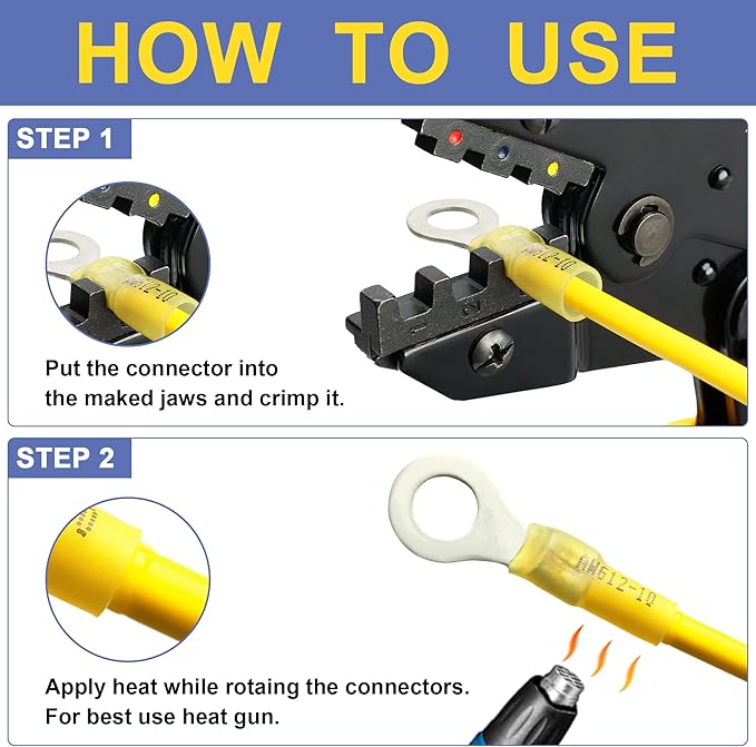 haisstronica 480PCS Yellow Heat Shrink Wire Connectors Kit,12-10 Gauge Ring Fork Spade Bullet Solder Butt Connectors (11Type)