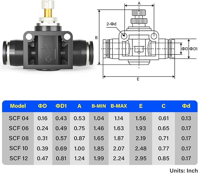 TAILONZ PNEUMATIC 6mm Tube OD Air Flow Control Valve with Push-to-Connect Fitting, in-Line Speed Controller Union Straight SCF-6 (Pack of 5)