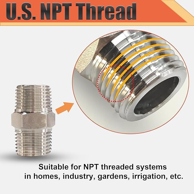 2pcs 1" Male to 1" Male Pipe Hex Nipple, 304 Stainless Steel 1 inch NPT Threaded Short Equal Nipple Connector, Heavy Duty Straight Pipe Fitting Adapter (1",2pcs)