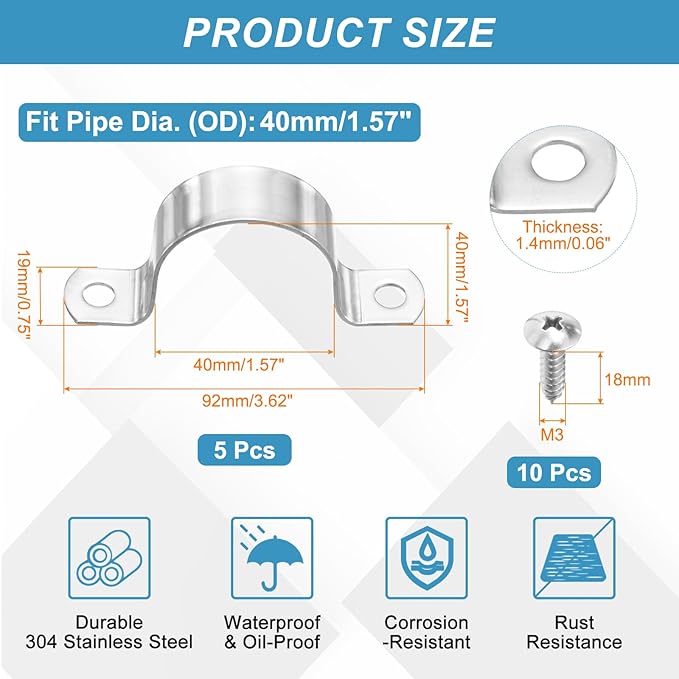 uxcell 5Pcs 42mm(1-5/8") Two Hole Rigid Pipe Strap, 304 Stainless Steel Conduit Clamp Thicken U Bracket Heavy Duty Pipe Clamp with Self-Tapping Screws for Fixing Tube Cable, Silver