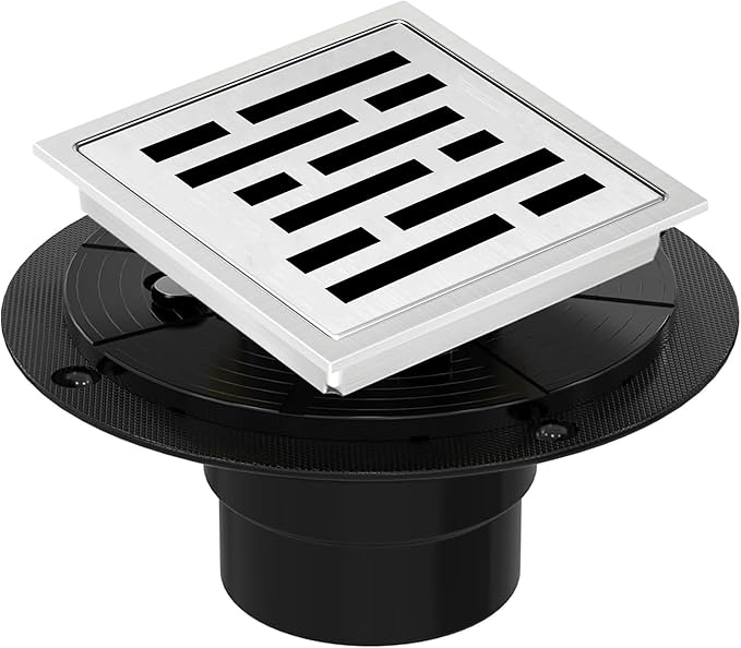 4 Inch Square Shower Floor Drain, Shower Drain Kit with Flange, Square Shower Drain, SUS 304 Stainless Steel Floor Drain,Silver
