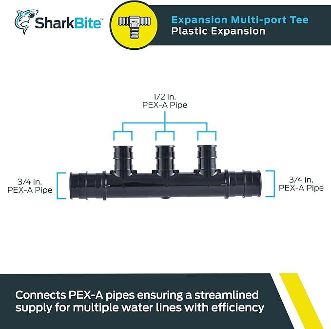SharkBite 3 Port PEX Expansion Poly Tee, 3/4 Inch Open Trunk with 1/2 Inch Outlet, Multi Line Water Manifold Plumbing Fittings for PEX-A Tubing, UAMPT3OZ