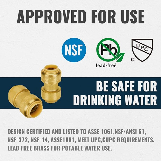 SUNGATOR Push Plumbing Fittings Assortment, 1/2 Inch Coupling (5 PCS), 3/4 Inch Coupling (5 PCS), No Lead Brass Push to Connect Pex Pipe, Copper, CPVC, with 2 Disconnect Clips, Pack of 10