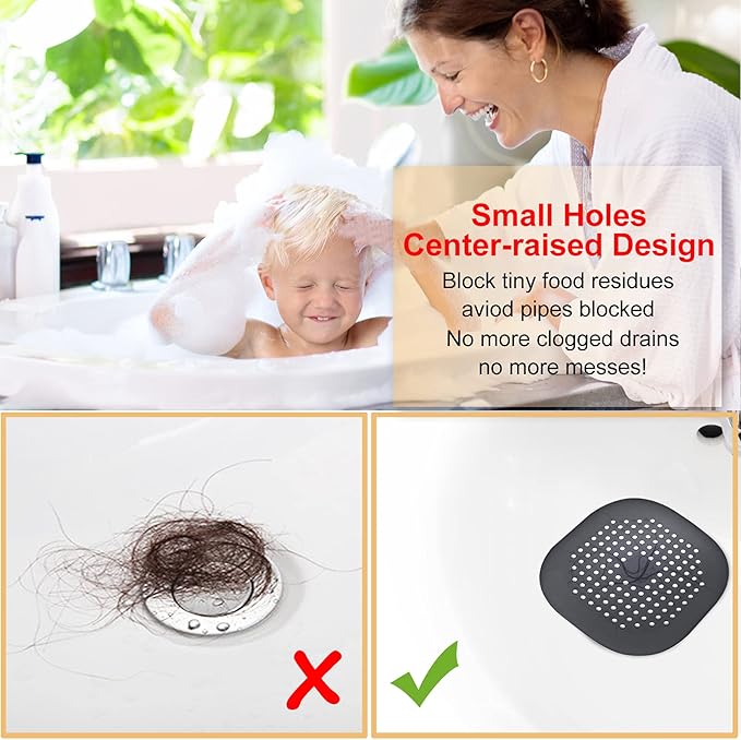 Hair Drain Catcher,Square Drain Cover for Shower Silicone Hair Stopper with Suction Cup,Easy to Install Suit for Bathroom,Bathtub,Kitchen 2 Pack (Black)