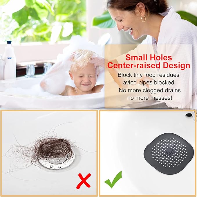Hair Drain Catcher,Square Drain Cover for Shower Silicone Hair Stopper with Suction Cup,Easy to Install Suit for Bathroom,Bathtub,Kitchen 2 Pack (Ivory White Black)