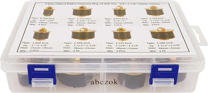 7 Sizes 16pcs Rubber Expansion Plug, Automotive Rubber Expandable Freeze Plugs Kit Fit Hole Size:3/4" 7/8" 1" 1-1/8" 1-1/4" 1-3/8" 1-1/2" (19mm~41mm)