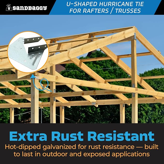 Sandbaggy U-Shaped Hurricane Tie - Hot Dipped Galvanized, 18 Gauge - Structural Wood Framing Connectors for Rafters, Trusses, Deck Joists (U-Shaped, 50, Count)