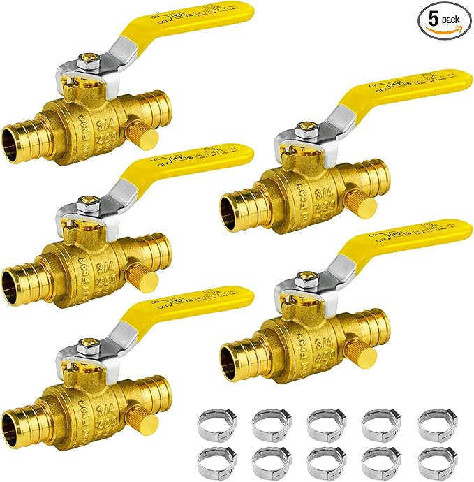 WiseWater 3/4 Inch X 3/4 Inch PEX Ball Valve with Drain, Brass Plumbing Fitting, Full Port Water Stop Shut Off Valve (5pack)