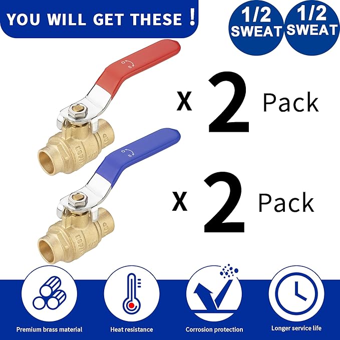 (4 Pack) Lidertik 1/2 inch Sweat Ball Valve Shut Off Valve 1/4 Turn Valve LI-QF1-FS-0.5(4 PCS)