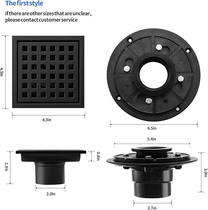 Shower Drain, Matte Black 4 inch Square Shower Floor Drain with Flange, Removeable Grid Panel SUS 304 Stainless Steel Square Shower Drain