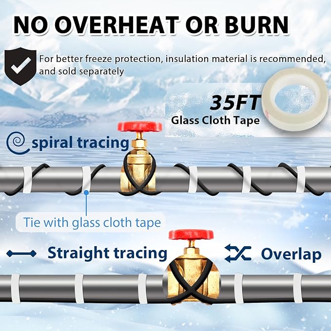 HEATIT 6ft Heat Tape for Water Pipes, for Pipe Freeze Protection, Self-Regulating Pipe Heating Cable with Thermostat, ETL Listed, Keeps Water Flowing at -40°F, 120V 3W/FT