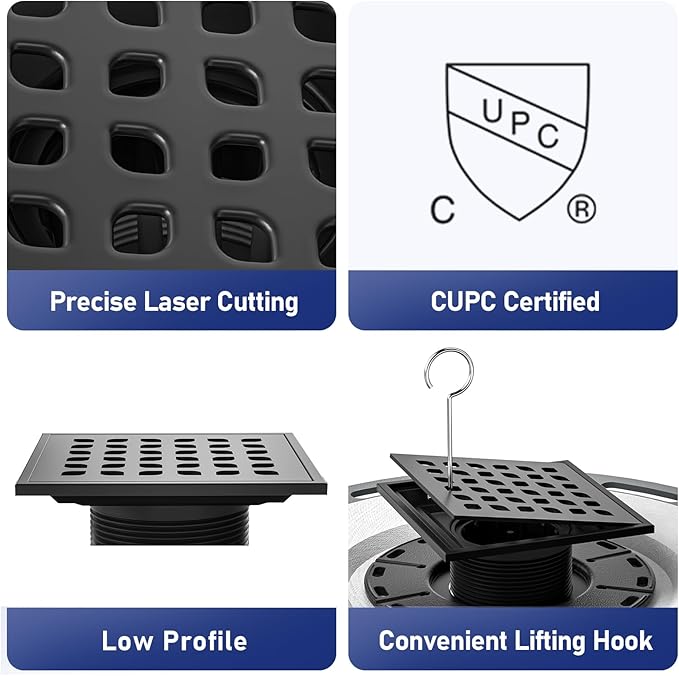 Square Shower Drain, 4" Matte Black 304 Stainless Steel Drain Grate Removable Drain Key with PVC Bonding Flange Base for Low Profile Floor Tiles, CUPC Certified