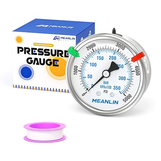 MEANLIN MEASURE 0~5000Psi Liquid Filled Pressure Gauge Stainless Steel 2.5" FACE DIAL 1/4" NPT 316 Stainless Steel Joint for WOG Water Oil Air Back Mount, with 2PCS Snaps