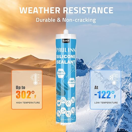 PAULINN Silicone Sealant Black, 100% Silicone Caulk Waterproof for RV, Kitchen, Bath, General Use, Window, Door, Glass, Marine, 10.2 Oz, 4 Packs
