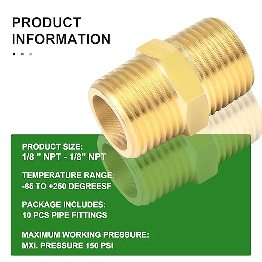 TAISHER 10PCS Brass Pipe Fitting Adapter, Hex Nipple,1/8-Inch Male Pipe x 1/8-Inch Male Pipe