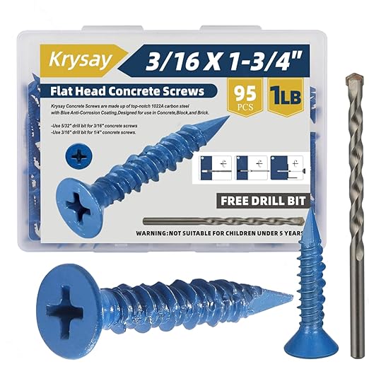 95Pcs 3/16 x 1-3/4 in Concrete Screws with Drill bits,Masonry Screws for Concrete Assortment Kit,Flat Head Block Cement Stacoo Screws and Anchors,Diamond Point,Blue Coated(1LB)