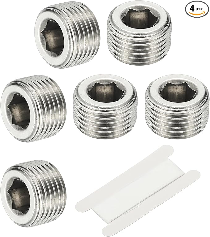 PATIKIL 3/8" NPT Male Internal Hex Pipe Fitting, 4 Pcs 304 Stainless Steel Pipe Plug Fitting Assortment Kit Countersunk Thread Head Socket Pipe Plug Fitting Adapter with Tape, Silver