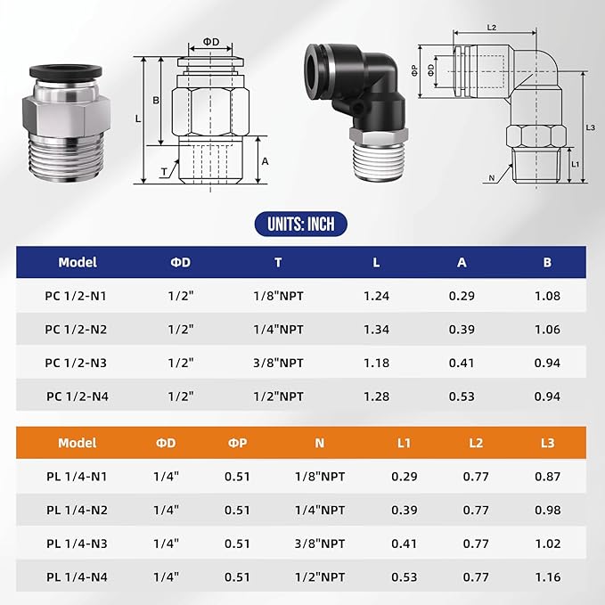 1/2" Tube OD to 1/4" NPT Thread Push to Connect Fittings,Pneumatic Quick Air Hose Fittings,Male Straight + Elbow,PC+PL(12pcs)