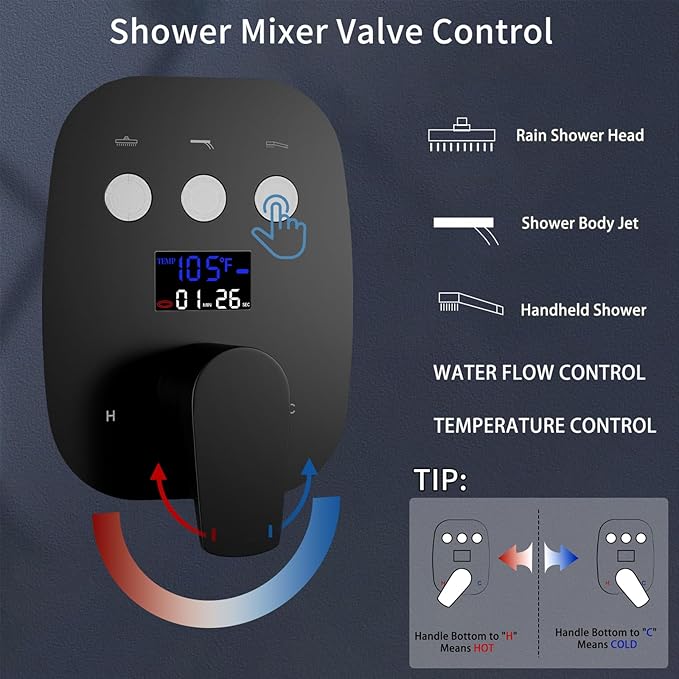 3 Way Matte Black 3 Function Shower Diverter Valve Temperature Control Display Push Botton Shower Diverter Pressure Balancing Modern Valve Trim Rough-In Mixing Shower Valve Kit