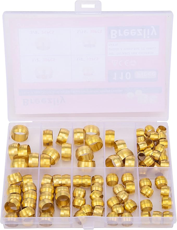 110PCS Tube OD（1/4" 5/16" 3/8" 1/2") Brass Compression Sleeves Ferrules,Brass Compression Fitting Assortment Kit