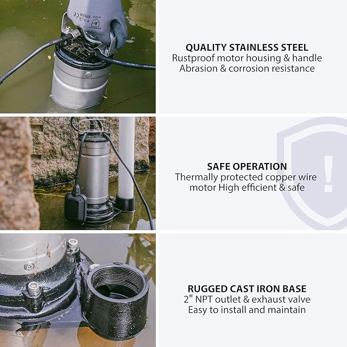 Aquastrong 1HP Sewage Grinder Pump, Stainless Steel, 115V 3962GPH Automatic Float Switch, Submersible Effluent/Sump Pump for Sump Basin, Basement Residential Sewage, 2'' NPT Discharge