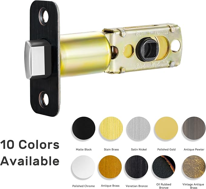 Venetian Bronze Adjustable Door Latch 60 or 70mm, 45° Turning Angle, Door Lock Replacement Parts with Door Strike Plate, Wood Dowel, Dust-Boxes