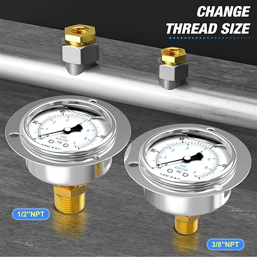 MEANLIN MEASURE 0~100Psi Liquid Filled Pressure Gauge Front Flange Panel Mount, 1/4" NPT 2.5" FACE DIAL Stainless Steel Case with Phillips Screw, Nut and Brass Hex Bushing, +/-3-2-3%