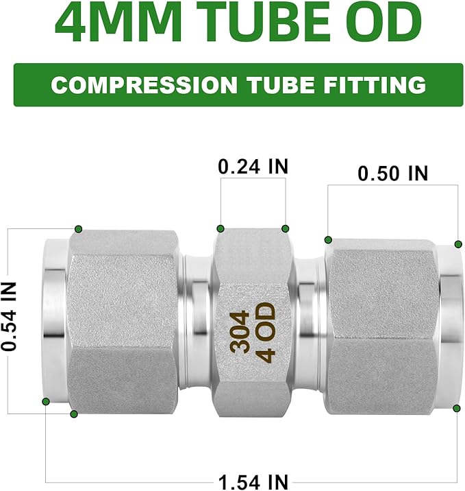 TAISHER 2PCS 304 Stainless Steel Compression Tube Pipe Fitting Connector, 4MM Tube OD x 4MM Tube OD Straight Adapter