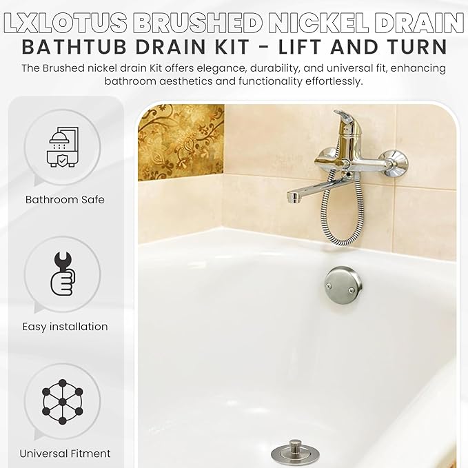 Brushed Nickel Bathtub Drain Kit - Lift and Turn - Universal Fit 1-3/8" and 1-1/2" Tub Drain Replacement Kit