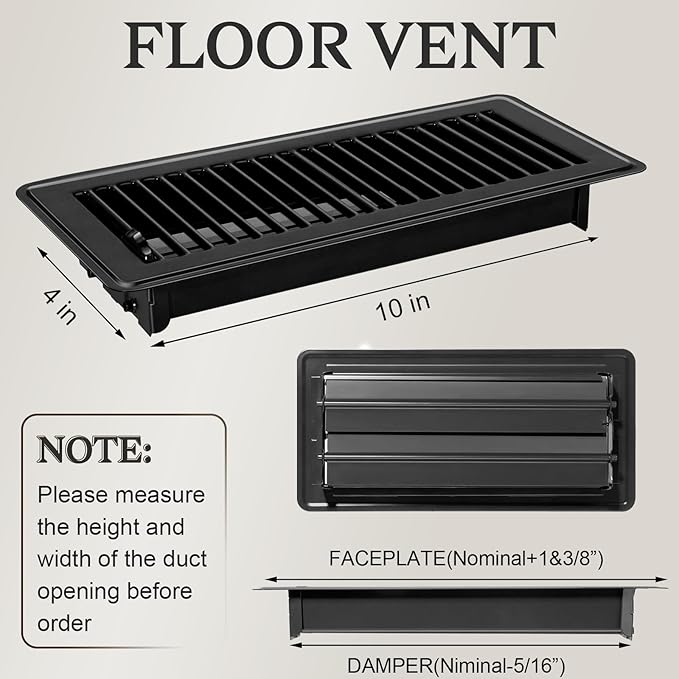 4 PCS Floor Vents Floor Registers 4x10 inch, Heavy Duty Metal Heat Air Vent Covers 4 X 10 with Rust Proof Finish for Home Office Wall Floor Registers Grilles & Vents (4, Black, 4x10 Inches)