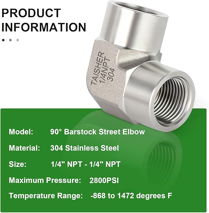 TAISHER 2PCS 304 Stainless Steel 90 Degree Barstock Street Elbow, 1/4 Inch NPT Female Pipe to 1/4 Inch NPT Female 304 Stainless Pipe Fitting