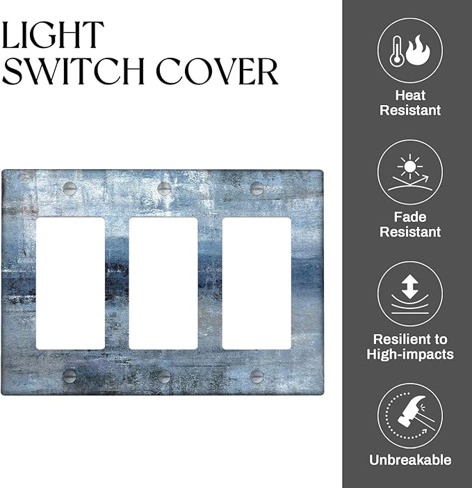 Blue Grey 3-Gang Rocker Light Switch Cover Abstract Art Decorative Wall Plate Cover Modern Electrical Outlet Covers