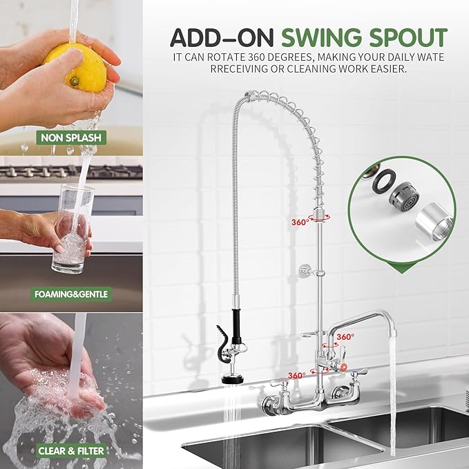 Commercial Sink Faucet,TOLSUNY Commercial Kitchen Faucet Wall Mount with Pre Rinse Sprayer,Wall Mounted Kitchen Sink Faucet for Industrial and Restaurant Sinks. (Classic, 43)