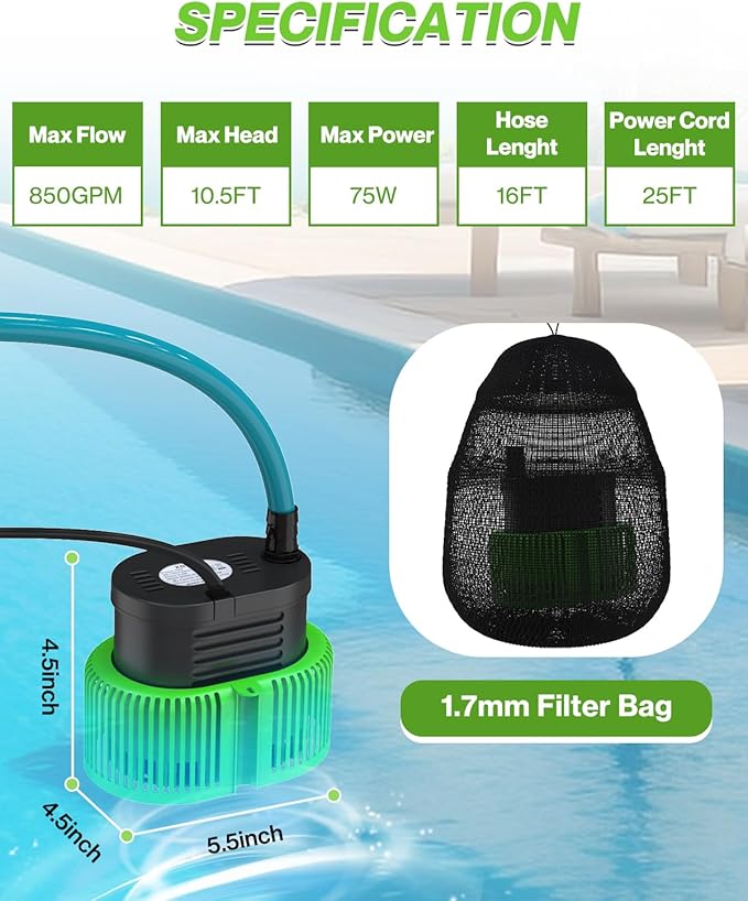 Pool Cover Pump above Ground - Submersible Water Sump Pump Swimming Water Removal Pumps, with Drainage Hose & 25 Feet Extra Long Power Cord, 850 GPH inGround, 3 Adapters