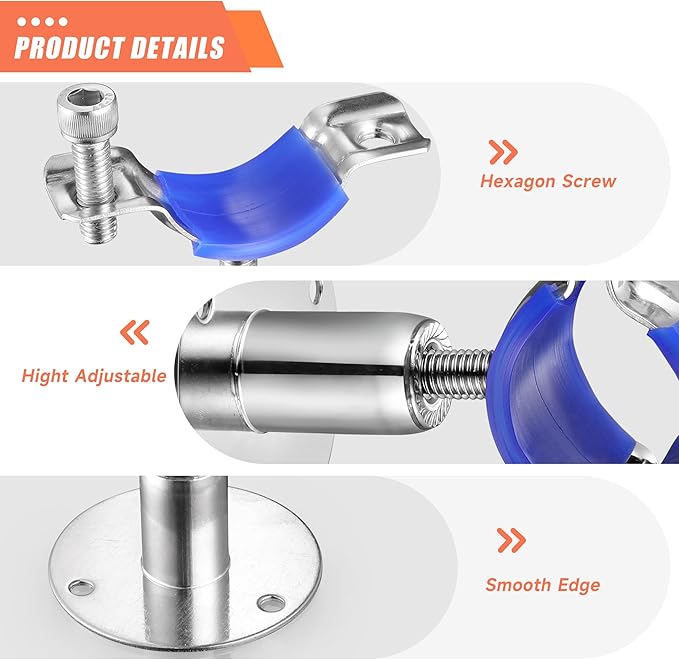 6PCS 304 Stainless Steel Wall Mount Ceiling Mount Pipe Supports,Suitable for OD Pipe 38-40mm,Adjustable Height 30-50mm,Adjustable Pipe Strap Clamp with Screws