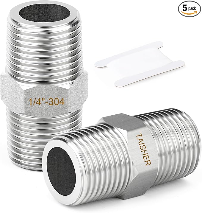 TAISHER 5PCS 304 Stainless Steel New Hex Nipple, 1/4" NPT Male x 1/4" NPT Male, Pipe Adapter Fitting