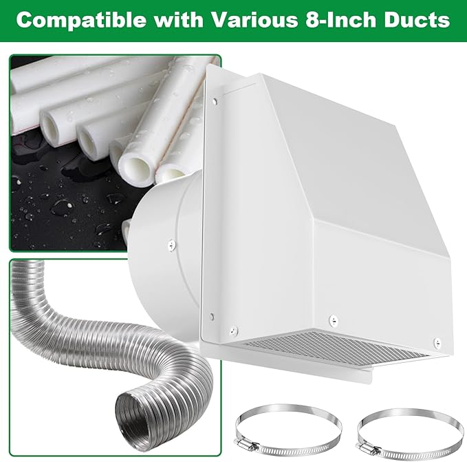10 Inch Hooded Wall Vent with Screen and Damper, Stainless Steel Wall Vent Exhaust Vent Cover, Exhaust Exterior Air Vent Cover Cap for Kitchen Range Hood HVAC Duct Dryer Ventilation