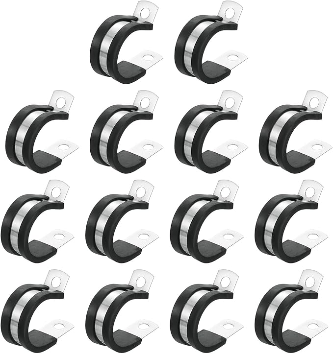 uxcell 1"(24mm) Cable Clamp, 304 Stainless Steel Rubber Cushioned Insulated Clamp R Shape Metal Clamp Tube Holder for Pipe Hose Wire Cord Installation 14Pcs